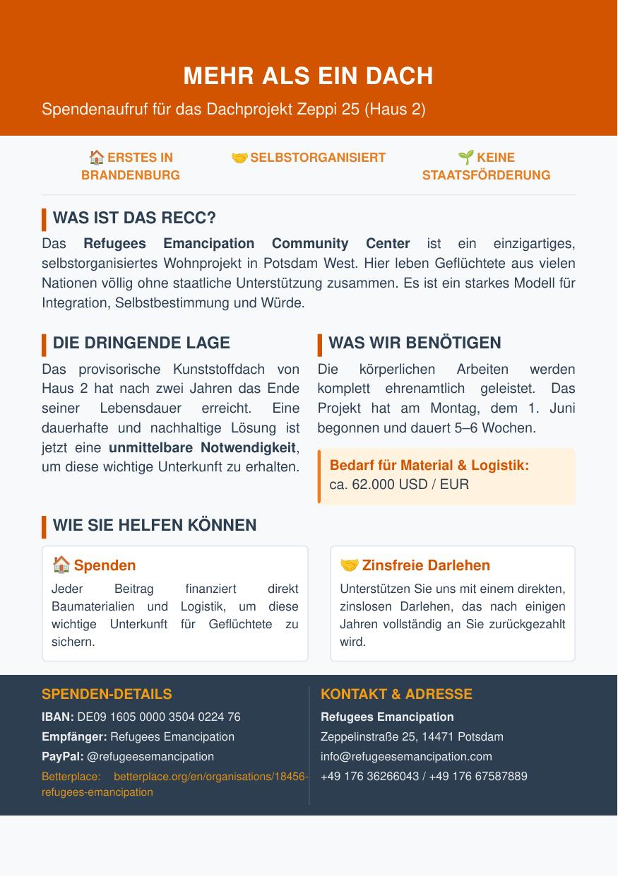 Flyer: Mehr als ein Dach – Spendenaufruf für das Dachprojekt Zeppi 25 (Haus 2)