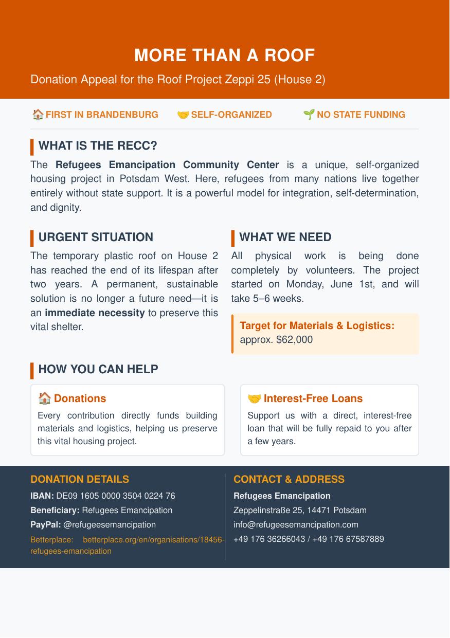 Flyer: More than a roof – Donation appeal for the roof project Zeppi 25 (House 2)
